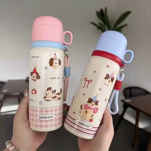 Bình Giữ Nhiệt Inox 500ml Hoạ Tiết Dễ Thương Có Ống Hút Kèm Dây Xách Tay LILA BGN2M125