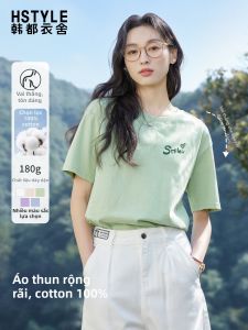 HSTYLE | Áo Thun Tay Ngắn Cổ Tròn In Chữ Ôm Sát Mùa Hè Màu Xanh Nhạt 100% Cotton