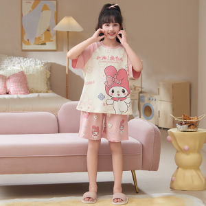 Miiow | Pure Cotton Short Sleeve Childrens Sleepwear Set Cartoon Design Breathable Comfortable Home Clothes For Little Girls
