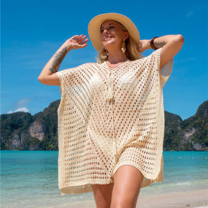 2025 Oversize Bikini Cover Up Women Apricot Mini Dress Hollow Out Bathing Suit Plus Size Tunics
