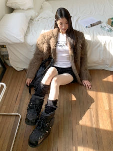 Mooreyu Womens Black Wool Snow Boots Mid-Calf Thickened Warm Anti-Slip Autumn Winter New Style Fashionable All-Match Cotton Shoes