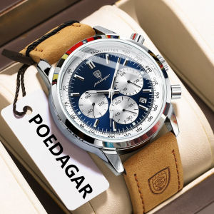 POEDAGAR Fashion Mens Watch Waterproof Luminous Leather Military Man Wristwatch Chronograph Quartz Luxury Watches For Men Reloj