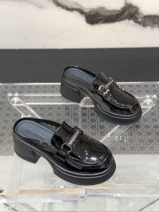 British Style Thick Bottom Painted Leather Mules Half Slippers Womens Summer Versatile Platform Flats Outdoor Wear Sandals