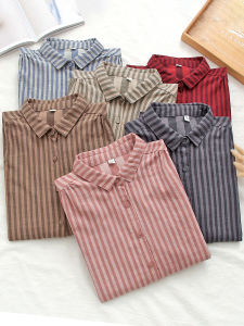 Womens Loose Fit Long Sleeve Striped Cotton Shirt Breathable Soft against Skin Spring Autumn Top Double Layered Cat Brand