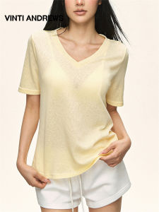 Loose V-Neck Short Sleeve See-Through Casual Lazy Style Slim T-shirt