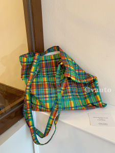 Retro Rainbow Plaid Large Capacity Tote Bag Womens Shoulder Bag Fashionable Canvas Bag Handbag Single Shoulder Bag for Commuting