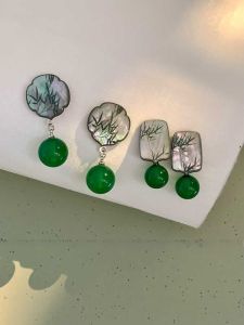 Green Agate Bamboo Earrings Womens Summer Unique Personality Ear Jewelry New Chinese Retro Ancient Style Fashion Accessories