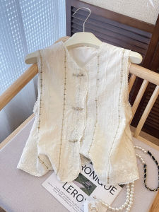 PAIBOLI | New Chinese Style National Trend Vest Retro Button Embroidery Shoulder Pad Vest Lace Sleeveless Top Outerwear Base Shirt