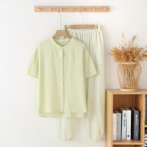 Lightweight Pure Cotton Flannel Nightgown Womens Simple round Neck Short Sleeve Long Pants Home Clothes Set Spring Summer