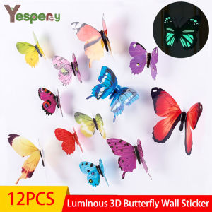 YESPERY 12pcs Luminous 3D Butterfly Wall Sticker for Kids Bedroom Home Living Room Fridge Wall Decal Glow in Dark Wallpaper Decoration