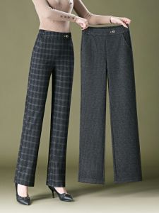 High Waist Plaid Wide Leg Pants Womens Autumn Drapey Casual Pants Middle-Aged And Elderly Straight Mom Pants Loose Trousers