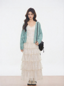 WESTAYONE | Mint Green Knitted Cardigan Lace Ruffled Dress Spring Summer