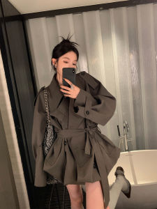Vivian Ou Yang Belted Jacket Coat Womens Spring New Small Size Retro Casual Mid-Length High-End Feeling Coat Double-Breasted
