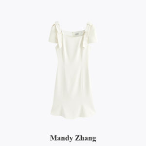 White Square Neck Fish-tail Dress with Bowknot