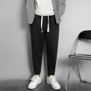 Winter Thick Woolen Nine-Piece Pants Mens Casual Woolen West Pants Frayed Buttoned Cuffed Pants Youth Trendy Polyester Blend
