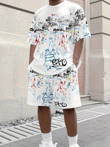 2025 Mens Creative Graffiti Printed Street Outdoor T-Shirt And Shorts Two Piece Set Casual Breathable Soft Quick Drying Set
