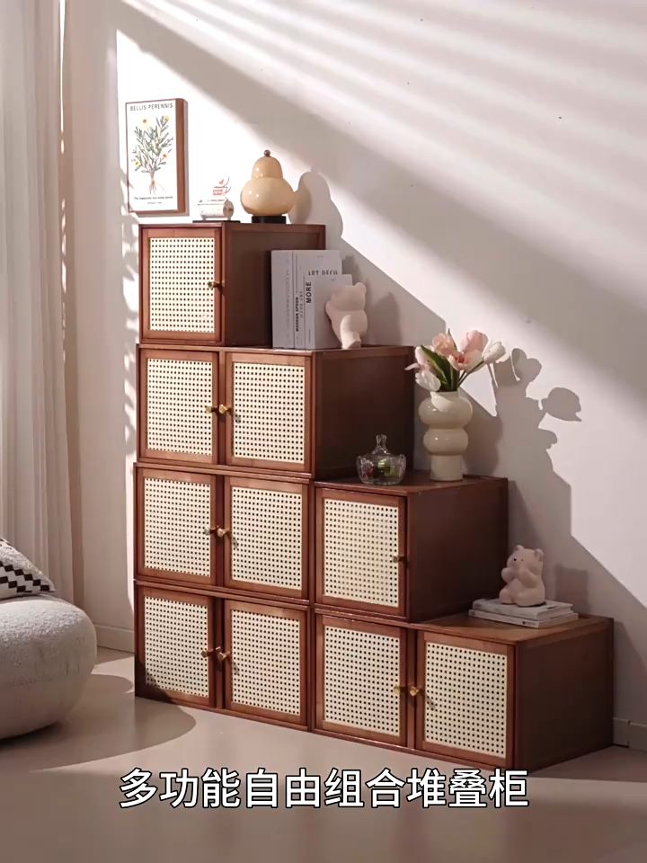 ตู้เก็บของไม้ตาข่ายคู่พร้อมประตูตู้ระบายอากาศหวาย แบบซ้อนที่ใช้ร่วมกันได้สำหรับห้องนอน ห้องนั่งเล่น โฮมออฟฟิศ