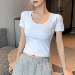 Black Short Sleeve T-Shirt Women Summer 2025 New High Waist Design Bore Hole Low Collar Half Sleeve Trendy Cotton Blend Top