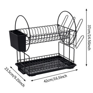 Black Double Layer Dish Drainer Rack Detachable Utensil Storage Shelf with Open Design Chopstick Cage Cup Holder Kitchen Storage