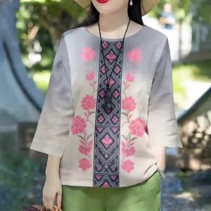 Womens Splicing T-Shirt Retro Bohemian Style Top Womens Simple Daily Leisure Vacation Womens Shirt