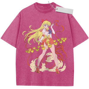 Bandai | 2026 Summer Mens Pink Washed T - shirt Sailor Moon Aino Minako Heart Ribbon High - quality Fabric for Casual Shopping