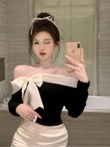 GUZILIAN | Pure Desire Long Sleeve Short T-Shirt Butterfly Knot Shoulder Bore Design Spring Autumn Slim Fit Color Block Top Korean Style