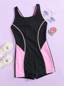 Pink Conservative Training Suit for Girls Big Kids One-Piece Swimsuit Competition Training Gymnastics Swimwear Nylon Spandex