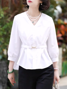 QINGNAER | Waist-Shaping V-Neck 3/4 Sleeve Casual Shirt
