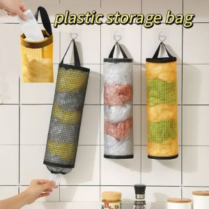 Wall-Mounted Trash Bag Holder Plastic Shopping Bag Storage Magic Net Pocket Kitchen Door Back Storage Organizer Polyester Fiber