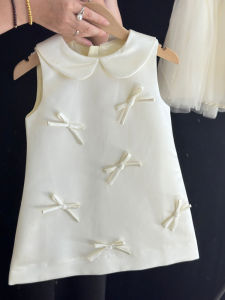 Cute Little Girl Summer Dress White Velvet Vest Dress with Bowknot Hepburn Style Spring Autumn Childrens Fashion Dress