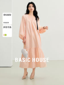 Basic House Casual Loose Bubble Sleeve Long Dress Womens Korean Style Cotton Spring Autumn New Arrival A-Line Skirt Dress