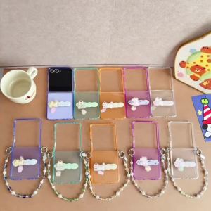 Fashion INS Cute Transparent Folding Case For Samsung Galaxy Z Flip 8 7 FE 7 6 5 4 3 5G Crystal Chain Slim Shockproof Soft Cover