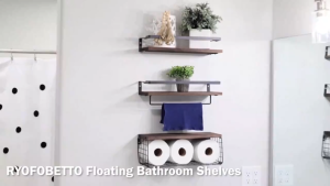 KEVE Adjustable Wooden Shelf With Towel Holder and Grid Wall Mounted Storage Rack For Bathrooms Kitchens