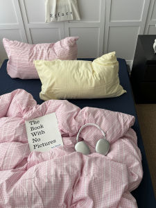 Ins Colored Cotton Quilt Cover Bed Sheet Dormitory Three-Piece Set Washed Grid Pattern Four-Piece Set Soft Cotton Fabric