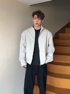 Cleanfit Mens Shoulder Padded Jacket Stand Collar Short Baseball Style American Retro Administrative Coat for Autumn Youth Fashion