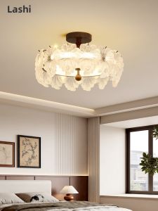 LANGSHANGZHAOMING | Retro Walnut Colored with Glass Flowers Bedroom Ceiling Light