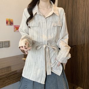 Unique Large Size Womens Shirt Tie Dye Long Sleeve Waist Cinching Belly Covering Early Autumn 2025 New Style Vintage Polo Neck