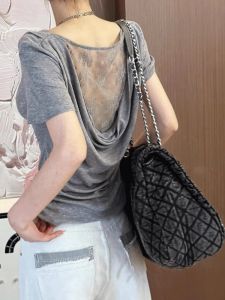 Áo Thun Tay Ngắn Đan Ren Mùa Hè Cho Nữ Áo Thun Ôm Vừa Vặn Màu Xám Áo Thun Hở Lưng Áo Thun Tay Ngắn Kiểu Pháp Áo Thun Thời Trang