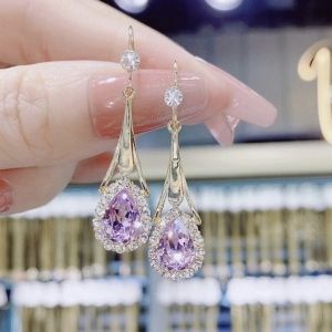 New Purple Crystal Flower Dangle Earrings For Women Girls Shining Zircon Love Heart Waterdrop Earring Wedding Luxury Jewelry
