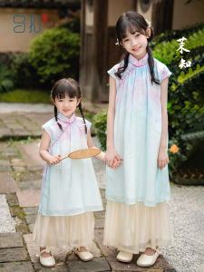 New Chinese Style Summer Outfit Set for Girls Cheongsam Childrens Wear Traditional Ancient Fashion Ukeko Jiezi Kids Clothing