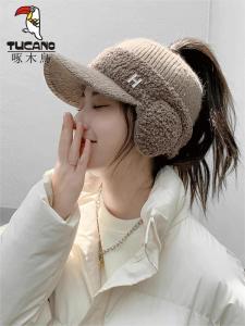 Thickened Warm Knitted Woodpecker Hat for Women Autumn Winter Outdoor Cycling Ear Protection Ladies Empty Top Baseball Cap