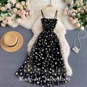 YuooMuoo Women Dress 2026 New Korean Fashion Floral Print Spaghetti Straps Mesh Party Dress Vacation Style Lady Beach Vestidos