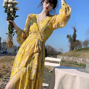 Floral V-neck Slimming Long Dress Womens Elegant New Design Chinese Style A-line Skirt Sleeve Shirt Waist Natural Hip Spring Autumn