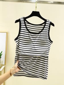 Summer Thin Stripe Pad Vest Womens Sleeveless T-shirt Large Size No Bra Modal Home Strap Top Lightweight Breathable Casual