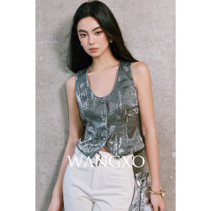 WANGXO | Áo Gile Thắt Eo Sáng Chói Thêu Ngọc Trai Handcrafted