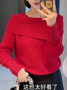 French Style Red Knitted Sweater Womens Fashion Slimming Versatile Winter Lazy Style Top Trendy One Shoulder Neckline Wool Blend