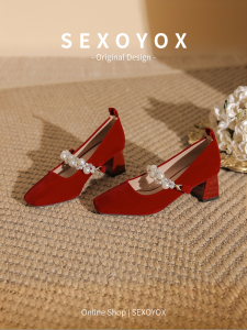 Red Wedding Shoes Womens Two-Way Wear Mary Janes High Heels Thick Heel Sweet Style PU Material Wedding Dress Matching Shoes