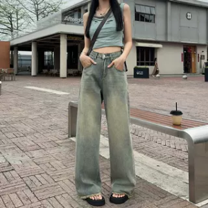 กางเกงยีนส์ทรงหลวมเอวสูง ปลายขาตรง กางเกงขายาวทรงหลวม ทรงสลิมฟิต ทรงสลิมฟิต ทรงลำลอง ฤดูใบไม้ร่วง 2024