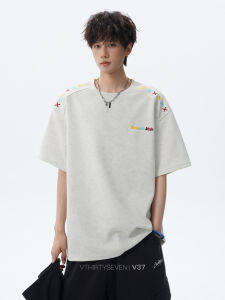 V37 | Colorful Letter Embroidered Short Sleeve Tshirt for Men Casual Fall Loose Versatile