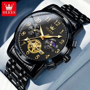 OLEVS watch men original waterproof luxury fashion leisure multi-function sun and moon phase luminous quartz watch stainless steelel strap strap high hardness mirror gift for boyfriend
